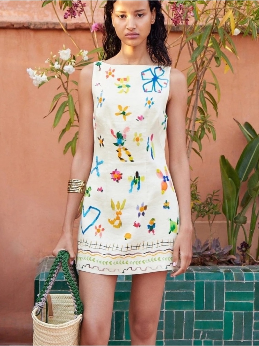 Alemais Cream Mini Dress with Multicolor Playful Embroidery